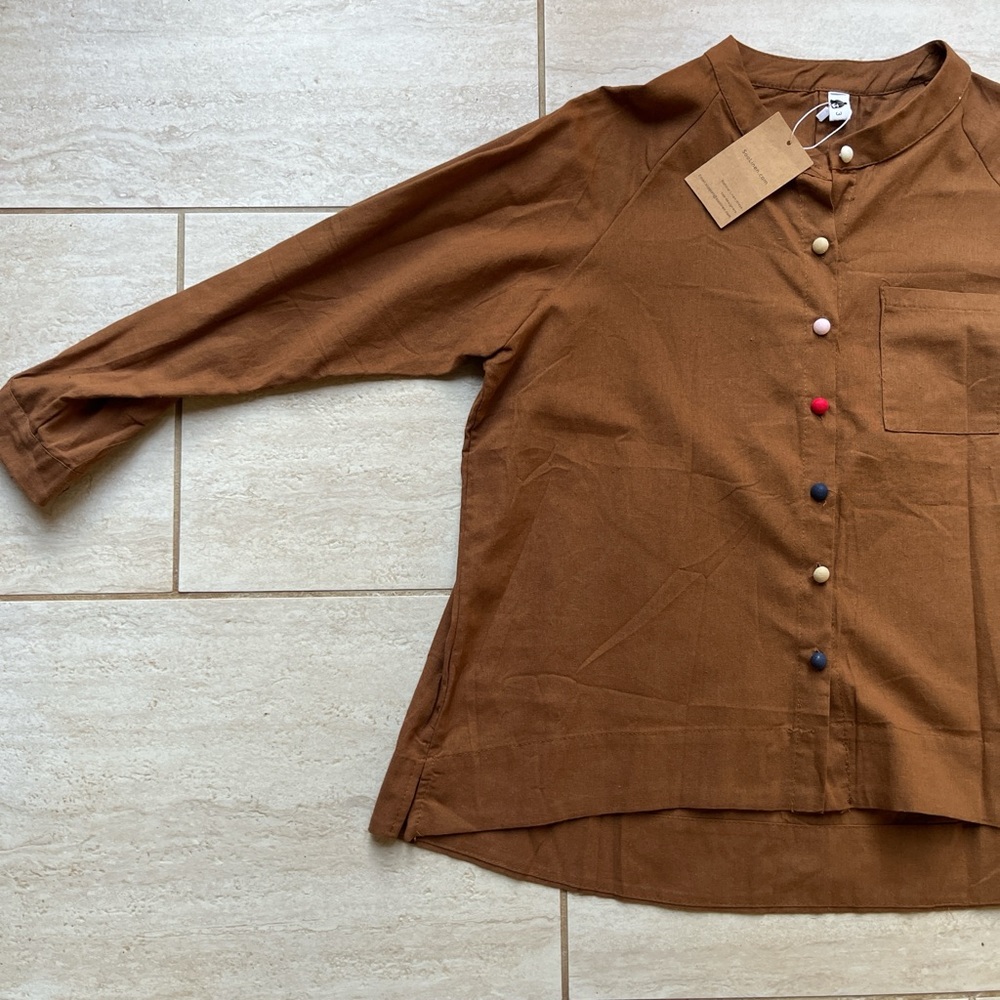 NWT Brown Linen Shirt with Colorful Buttons - Picture 3 of 7